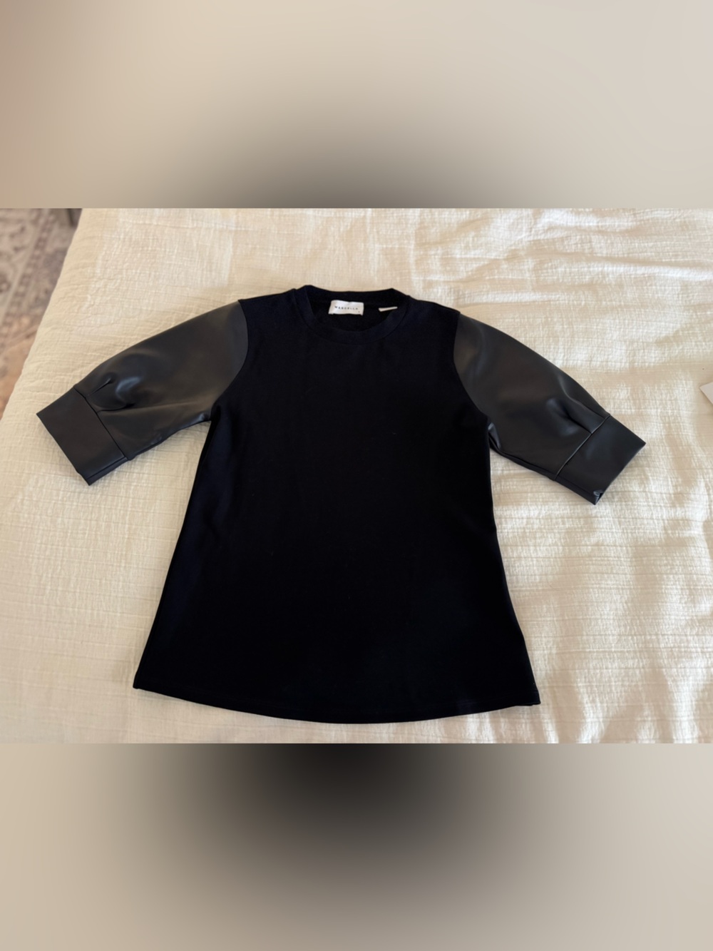 Marcella NYC Black Tunic Top Faux Leather Sleeves Size Small